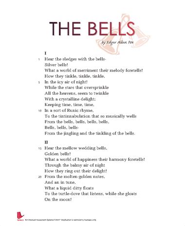 That's why it makes sense that Poe uses gold bells as a symbol of the calm harmony and happiness that takes over in this section. . What is the mood of the bells by edgar allan poe